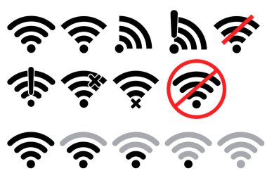 Wi-Fi sinyal simgeleri. Ağ bağlantı sembolleri. Kablosuz vektör simgeleri. Siyah ve kırmızı tasarım. EPS 10.
