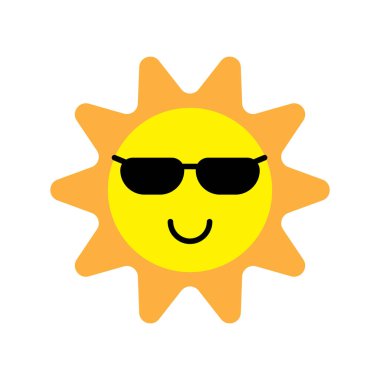 Güneşli yüz ikonu. Siyah güneş gözlüğü takıyordu. Parlak sarı güneş. Eğlenceli bir yaz vektörü. EPS 10.