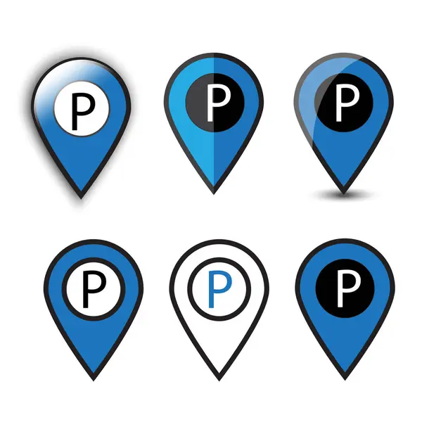 stock vector Parking location icons. Blue map markers. Various styles. Vector illustration. EPS 10.