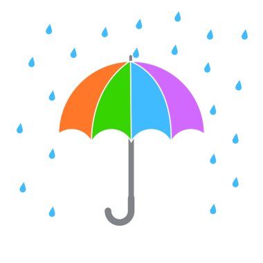 Yağmurda renkli şemsiye. Çoklu renk tepe örtüsü vektörü. Mavi yağmur damlaları çizimi. Hava koruma sembolü. EPS 10.