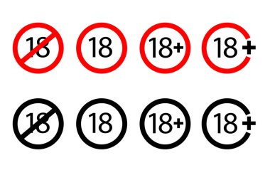 18 yaş sınırlama simgesi. Uyarı vektör sembolleri. Kırmızı ve siyah tasarımlar. Yetişkin içeriği göstergeleri. EPS 10.