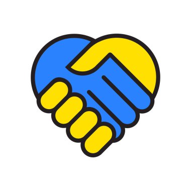 Renkli bir el sıkışma kalbi. Birlik sembolü vektörü. Mavi ve sarı. Sevgi ve destek. EPS 10.