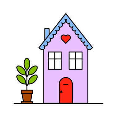 Renkli ev ikonu. Saksı bitkisi detayı. Kalp sembolü. Vektör çizimi. EPS 10.