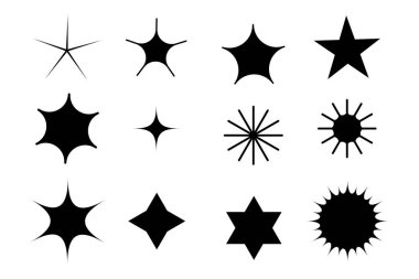 Vektör yıldız patlaması şekilleri. Siyah geometrik simgeler. Soyut yıldız tasarımları. Çeşitli yıldız desenleri. EPS 10.