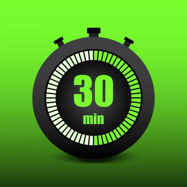 Yeşil kronometre simgesi. Otuz dakika. - 30 dakika. Siyah eğimli arka plan. Zaman yönetimi vektörü. EPS 10.