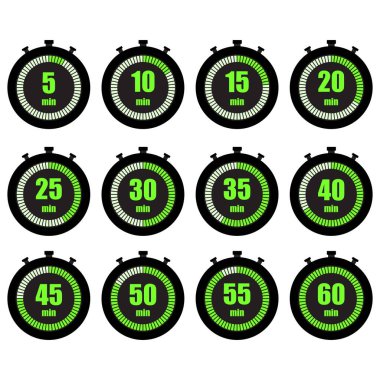 Stopwatch geri sayım simgeleri. Yeşil dakika göstergeleri. Zaman yönetimi sembolleri. Vektör ayarlandı. EPS 10.