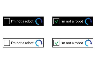 Captcha doğrulama simgeleri. Ben robot bir metin değilim. Mavi oklar ve işaretli detaylar. Siyah ve beyaz renk düzeni. EPS 10.