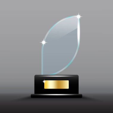 Cam yaprak kupası. Zarif kristal şekil. Altın kaplamalı siyah bir taban. Parlak vektör ödülü. EPS 10.