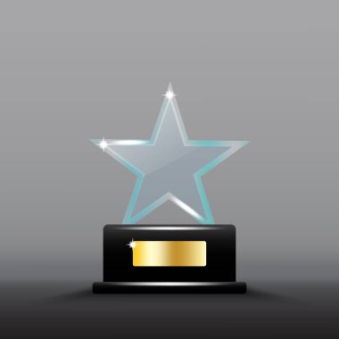 Cam yıldız kupası. Zarif kristal tasarımı. Altın kaplamalı siyah bir taban. Parlak vektör ödülü. EPS 10.