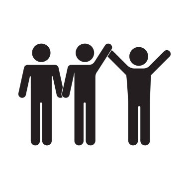 Takım çalışması başarı ikonu. Üç çöp adam bir arada. Minimalist siyah siluet. Vektör işbirliği sembolü. EPS 10.