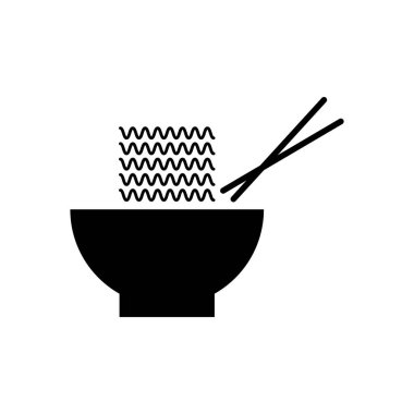 Erişte kasesi ikonu. Siyah yemek çubukları detayı. Basit gıda sembolü. Vektör grafik. EPS 10.