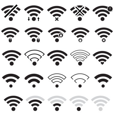 Wi-Fi sinyal simgeleri. Ağ bağlantı sembolleri. Kablosuz sinyal gücü. Vektör çizimi. EPS 10.