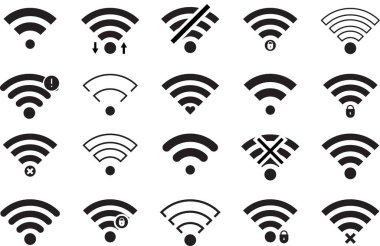 Wi-Fi simgeleri. Farklı sinyal değişimleri. Bağlantı statü sembolleri. Minimalist siyah tasarım. EPS 10.