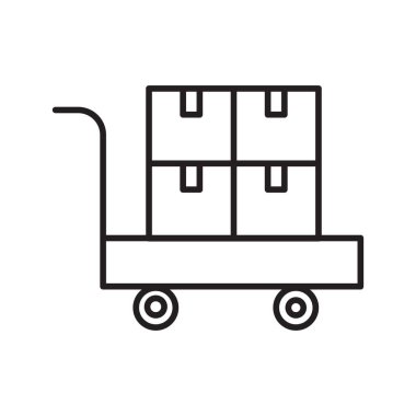 Kutulu el arabası. Depo tramvayı vektörü. Paket özeti yığını. Minimalist lojistik ikonu. EPS 10.