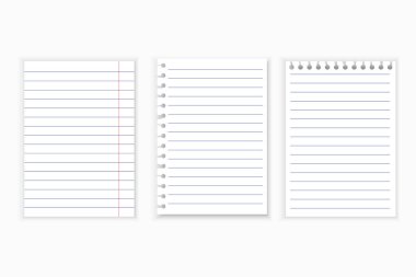 Kağıt kaplama çarşaflar. Defter sayfaları yırtılmış. Yatay mavi ve kırmızı çizgiler. Vektör kırtasiye seti. EPS 10.
