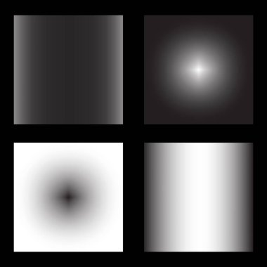 Gri tonlu gradyanlar. Dört siyah beyaz geçiş dönemi. Geometrik vektör tasarımları. EPS 10.