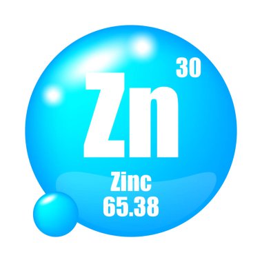 Çinko element sembolü. Zn kısaltması. Atom numarası 30. Atom kütlesi 65.38. EPS 10.