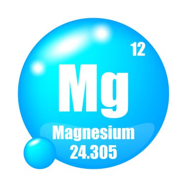 Magnezyum element simgesi. Atom numarası 12. Atom kütlesi 24.305. Mavi dairesel sembol. EPS 10.