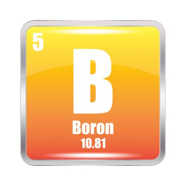 Boron element simgesi. Beş numaralı atom bombası. Periyodik tablo sembolü. Sarı turuncu arka plan. EPS 10.