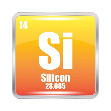 Silikon element. Sembol Si. Atom numarası 14. Atom kütlesi 28.085. Sarı kare. EPS 10.