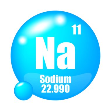Sodyum element simgesi. Atom numarası 11. Atom kütlesi 22.990. Mavi dairesel sembol. EPS 10.
