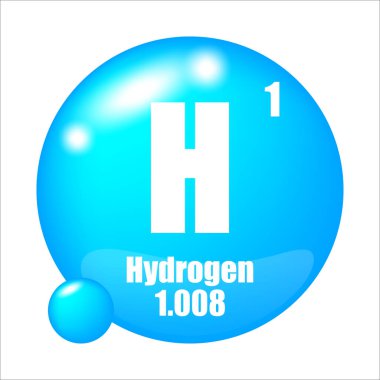 Hidrojen element simgesi. Atom sembolü H. Bir numara ve kütle 1.008. Mavi parlak küre. EPS 10.