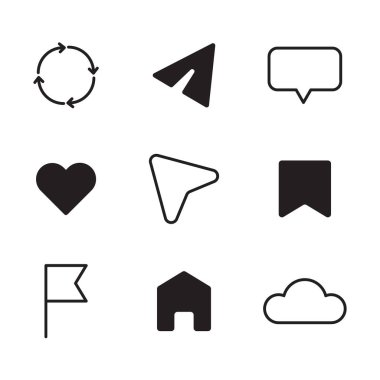 Sosyal medya simgesi seti. Temel iletişim sembolleri. Minimalist siyah şekiller. Vektör grafik koleksiyonu. EPS 10.