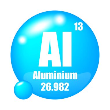 Alüminyum element simgesi. Atom numarası 13. Atom kütlesi 26.982. Mavi küresel şekil. EPS 10.