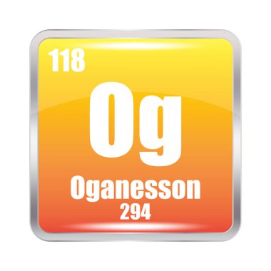 Oganesson icon. Og chemical element. Atomic number 118. Mass 294. Yellow square symbol. EPS 10. clipart