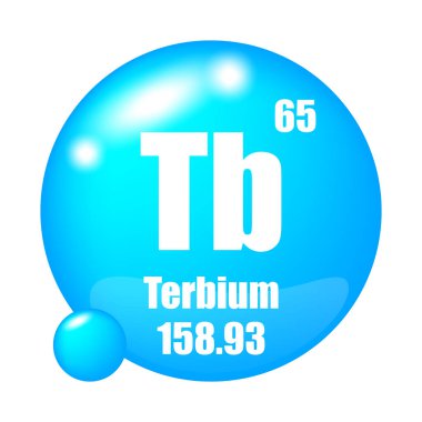 Terbiye simgesi. Tüberküloz kimyasal element. Atom numarası 65. Kütle 158.93. Mavi küre. EPS 10.