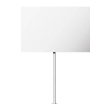 Metal bir direğin üzerinde dikdörtgen beyaz bir tabela. Dokusu olmayan boş beyaz bir yüzey. Gümüş yuvarlak dikey direk. EPS 10.