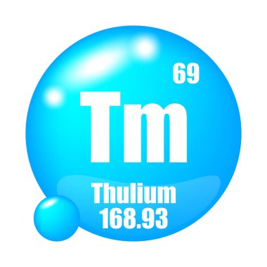 Thulium icon. Tm chemical element. Atomic number 69. Mass 168.93. Blue sphere symbol. EPS 10. clipart