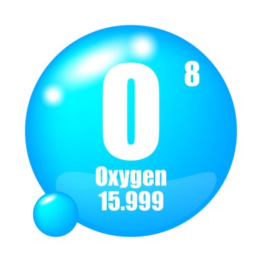 Oksijen elementi. Sembol O. Atom numarası 8. Atom kütlesi 15.999. Mavi daire. EPS 10.