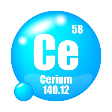 Cerium icon. Ce chemical element. Atomic number 58. Mass 140.12. Blue sphere symbol. EPS 10. clipart