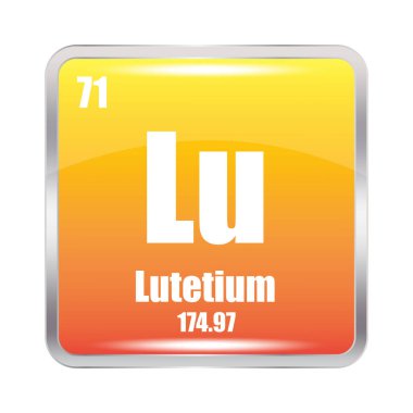 Lutetium simgesi. Lu kimyasal elementi. Atom numarası 71. Kütle 174.97. Sarı kare sembolü. EPS 10.