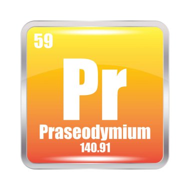 Praseodim simgesi. Pr kimyasal element. Atom numarası 59. Kütle 140.91. Sarı kare görüntü. Vektör sembolü. EPS 10.