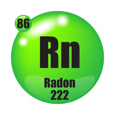 Radon simgesi. Rn kimyasal elementi. Atom numarası 86. Kütle 222. Yeşil küre görüntüsü. Vektör sembolü. EPS 10.