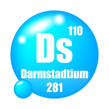 Darmstadtium ikonu. Kimyasal element. Atom numarası 110. Kütle 281. Parlak mavi küre. EPS 10.