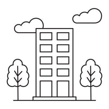Ağaçlı uzun bir binanın siyah beyaz çizgisi. Minimalist stil, ince çizgiler. Gökyüzünde iki bulut. EPS 10.