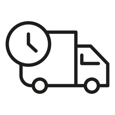 Saat ikonlu teslimat kamyonu. Hızlı nakliye konsepti. Basit vektör tasarımı. Temiz siyah çizgiler. EPS 10.