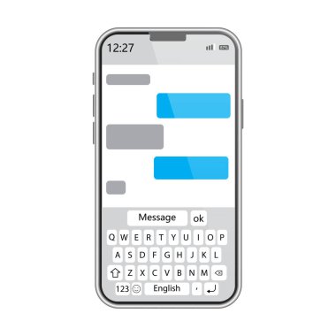 Akıllı telefon mesaj ekranı. Metin sohbet arayüzü. Konuşma baloncukları simgesi. Mobil iletişim. EPS 10.