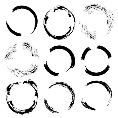 Fırça darbesi çemberleri. Dokulu yuvarlak semboller. Grunge dairesel çerçeveler. Vektör çizimi. EPS 10.