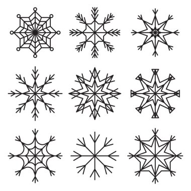 Kar Tanesi simgesi seti. Kış geometrik şekilleri. Siyah ana hatlı tasarım. Vektör tatil sembolleri. EPS 10.