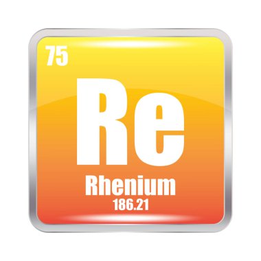 Rhenium icon. Re chemical element. Atomic number 75. Mass 186.21. Yellow square image. Vector symbol. EPS 10. clipart