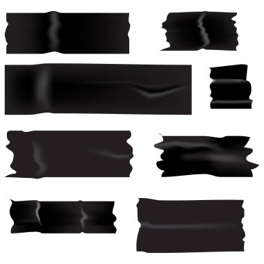 Black tape shapes. Adhesive strip illustration. Wrinkled vector texture. Realistic tape elements. EPS 10. clipart