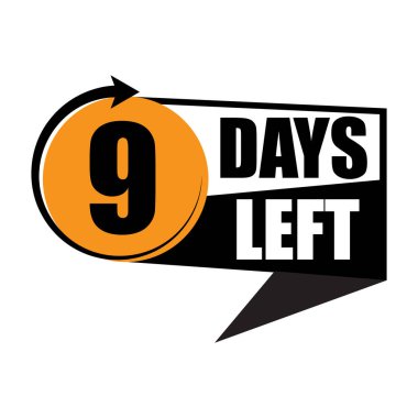 Dokuz gün kaldı. Geri sayım rozeti ve cesur 9 numara. Turuncu ve siyah desenli. Vektör çizimi. EPS 10.