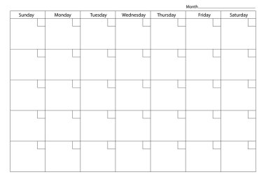 Aylık takvim düzeni. Boş şablon. Haftalık basit bir vektör. Asgari siyah ve beyaz. EPS 10.