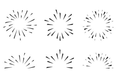Güneş patlaması simgeleri ayarlandı. Radyal patlama grubu. Basit siyah şekiller. Vektör aksanı grafikleri. EPS 10.