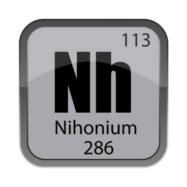 Nihonium element icon. Symbol Nh detail. Number 113 mention. Mass 286 highlight. EPS 10. clipart