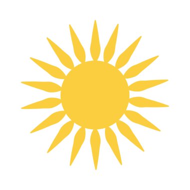 Güneş ikonu vektörü. Parlak sarı şekil. Güneş enerjisi amblemi. Düz güneş ışığı. EPS 10.